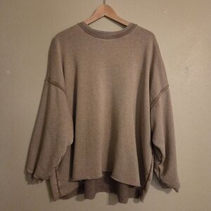 AERIE Cozy Cream Taupe Brown Oversized Crewneck Raw Hem Sweatshirt Women's SZ L